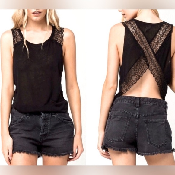 Free People We The Free Black Open Back Cut Out Lace Detail Tank Top - Picture 1 of 5